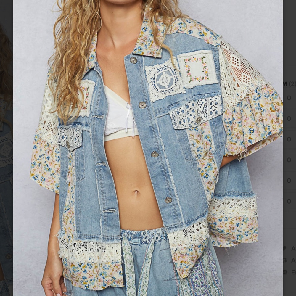 51. NWT POL Patchwork Light Blue Denim Jacket with Cream Lace & Floral Accents